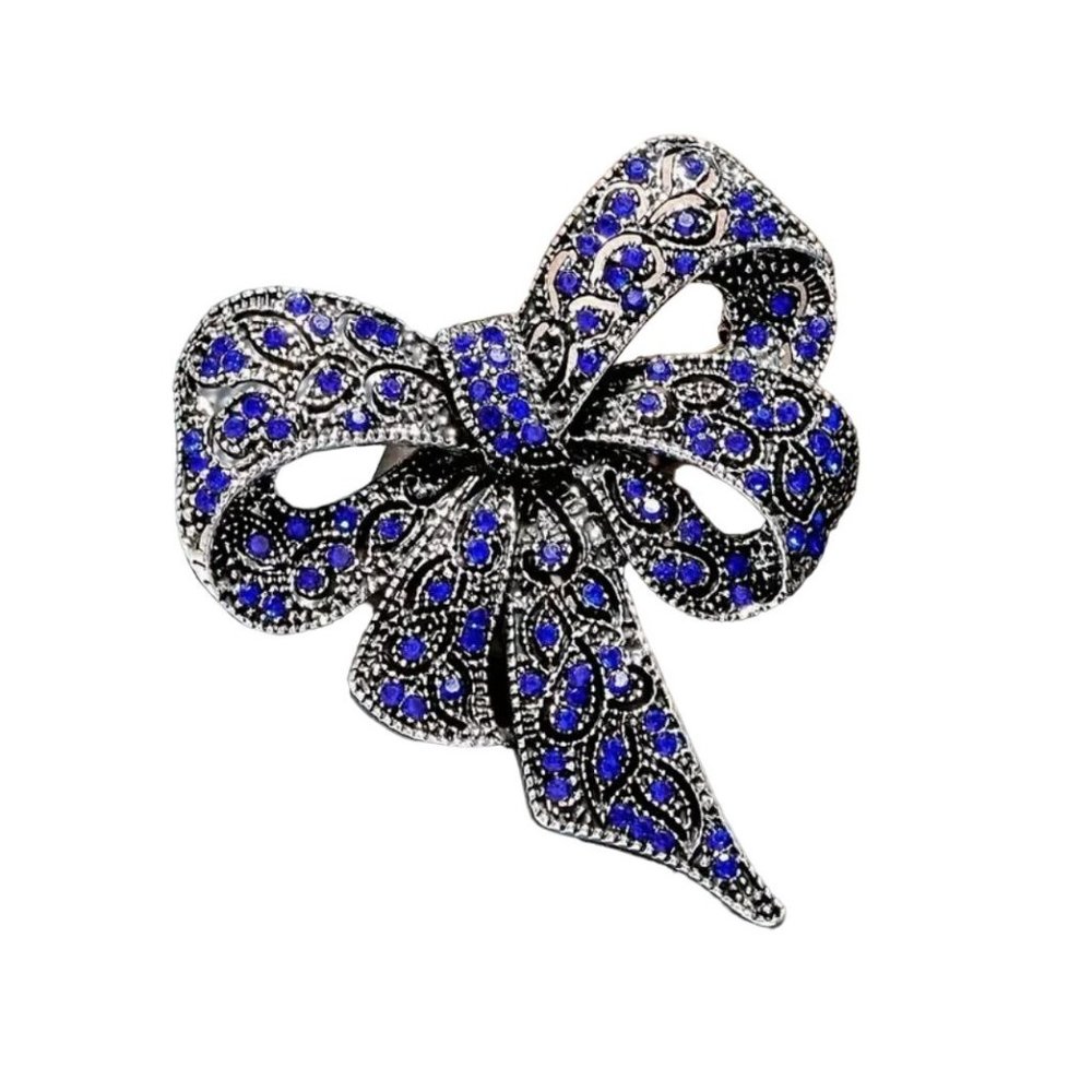 Blue Rhinestone Bow Brooch Silver Tone